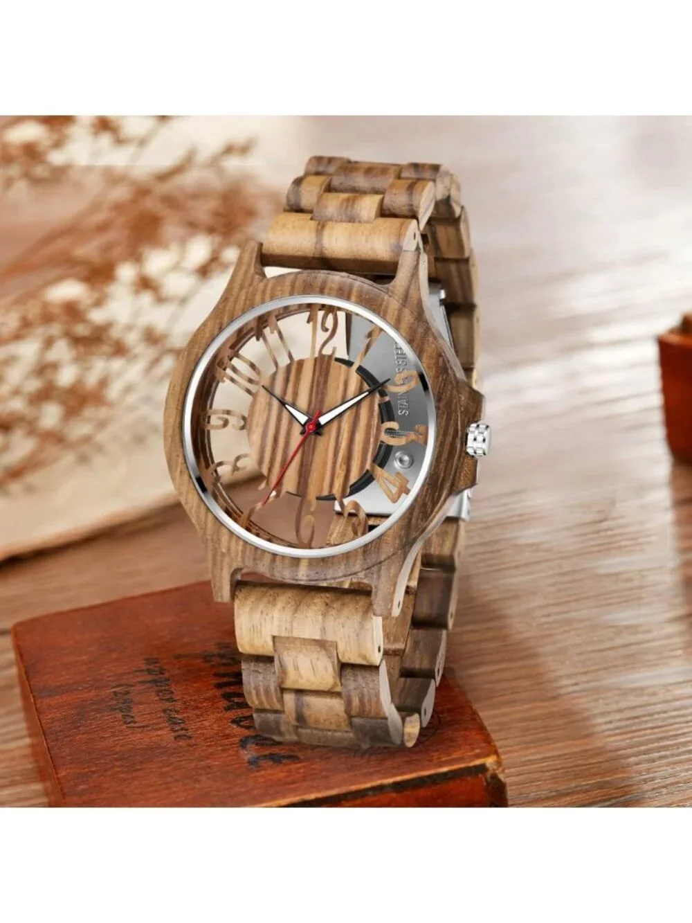Men's All Brown Quartz Ebony Zebra Fold over Clasp Wood Strap Round Wooden Watch